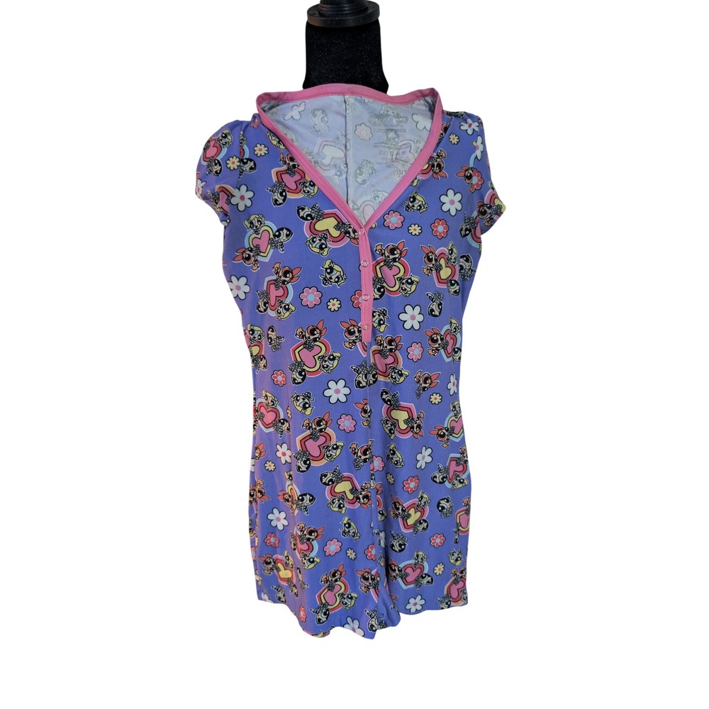 Powerpuff Girls Sleep Romper Purple Character Print Henley Pajamas 0586‎